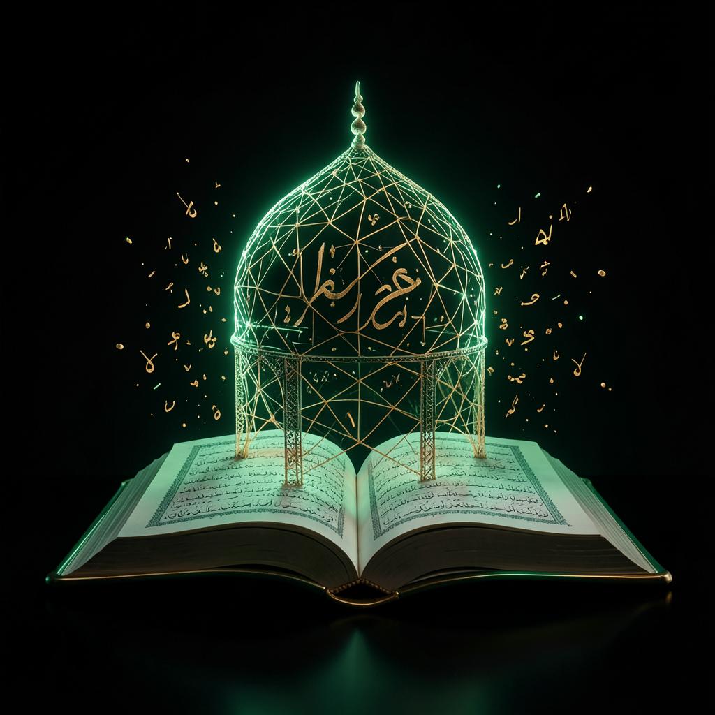 Glowing emerald dome of light formed by a neural network above an open Quran — the AI Knowledge Engine