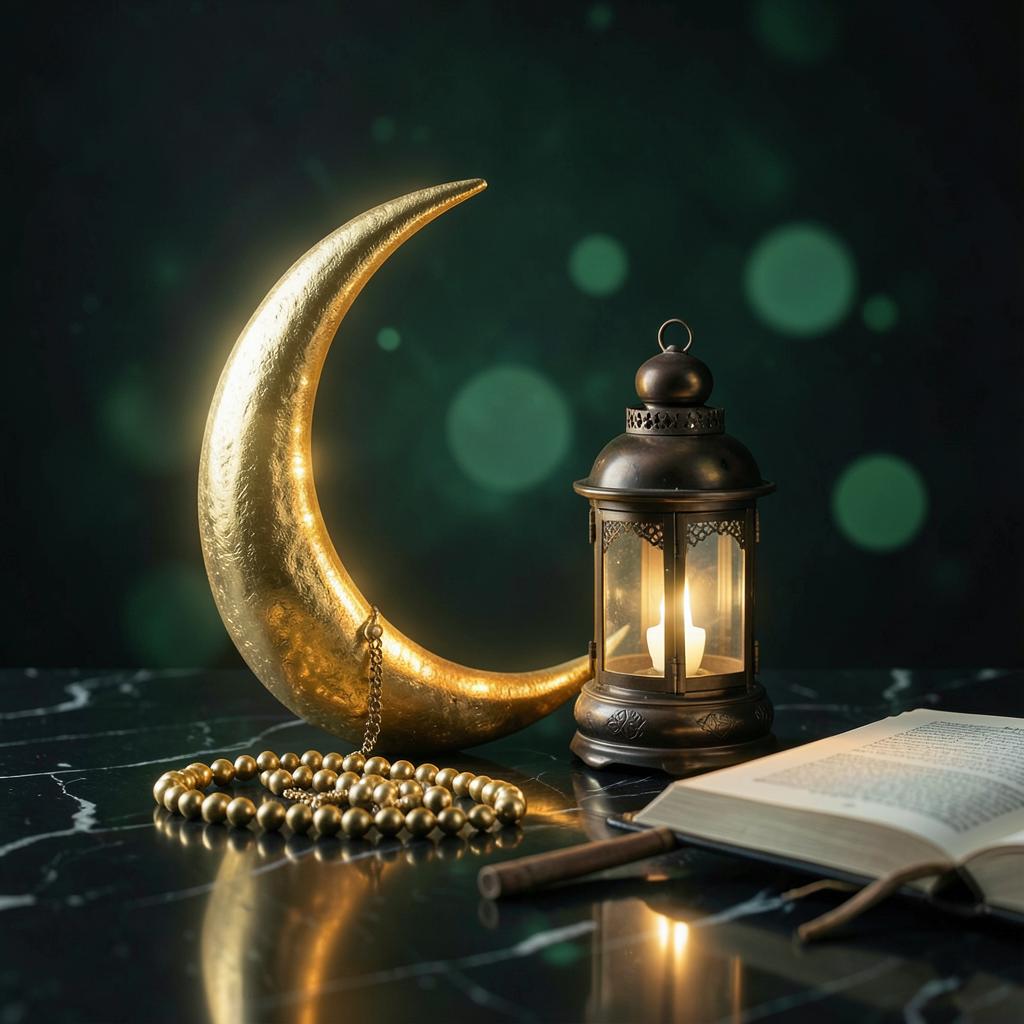 Golden crescent, prayer beads and a lit lantern beside an open book — daily devotion
