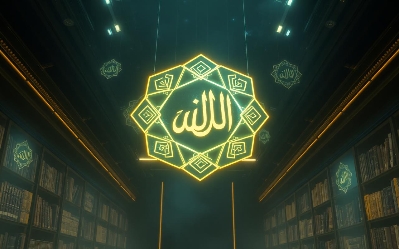 Digital Islamic library with shelves of manuscripts and Quranic texts in the Knowledge Center